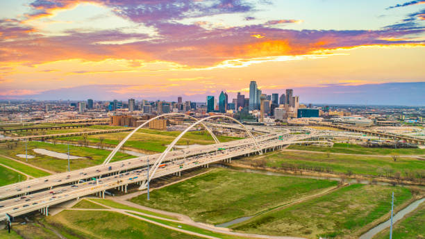 Downtown Dallas, Texas, USA Drone Skyline Aerial Panorama.